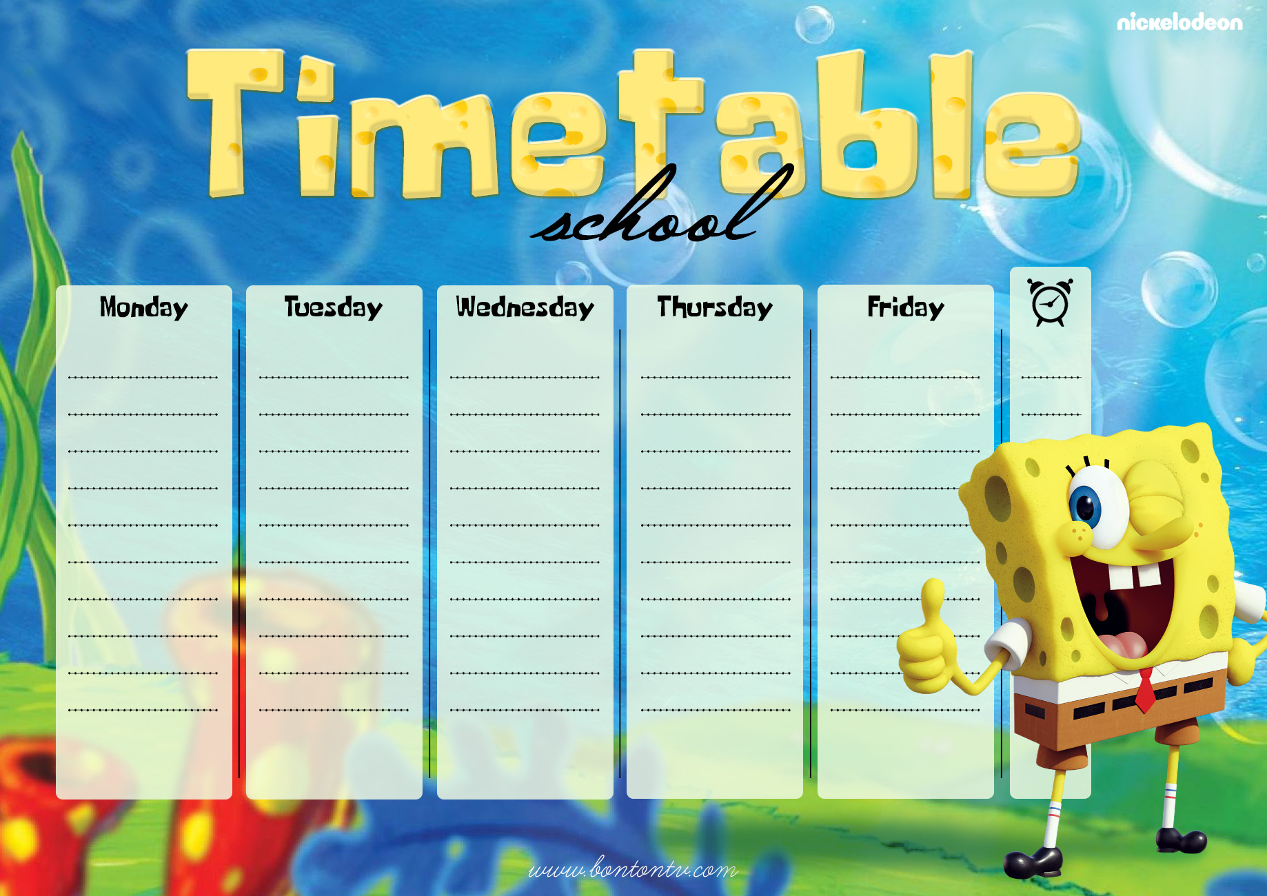 Timetable School - week schedule - Spongebob Squarepants - planner BonTon TV